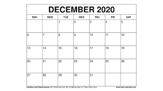 Free Printable December 2020 Calendar  WikiCalendarCom [upl. by Kapoor247]