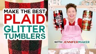 DIY Plaid Glitter Tumblers  Full Process Start to Finish  Free Winter Decal Designs [upl. by Buller]