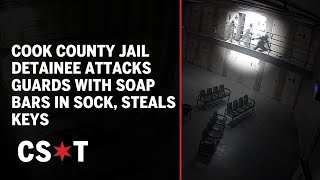 Cook County Jail security footage shows detainee attack guard with soap bars in sock steals keys [upl. by Heim]