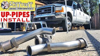 2001 F350 73  RiffRaff UpPipes Install  Stock up pipes leaking and falling apart JUNK SP [upl. by Atiuqihs501]